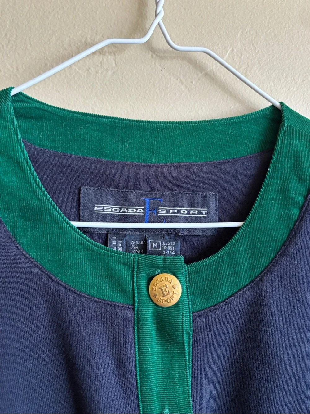 Vintage Escada Sport Cardigan Jacket M Navy Green Gold Button 100% Cotton Preppy